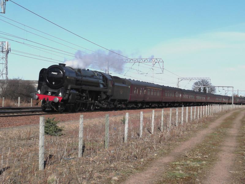 Photo of 70013 thundering past Prestonpans