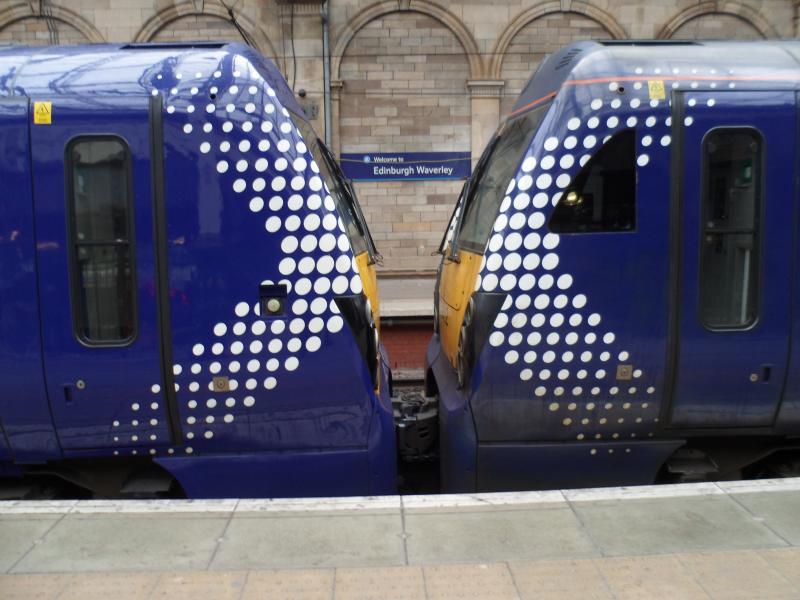 Photo of Two Class 334s Welcome you to Edinburgh Waverley 