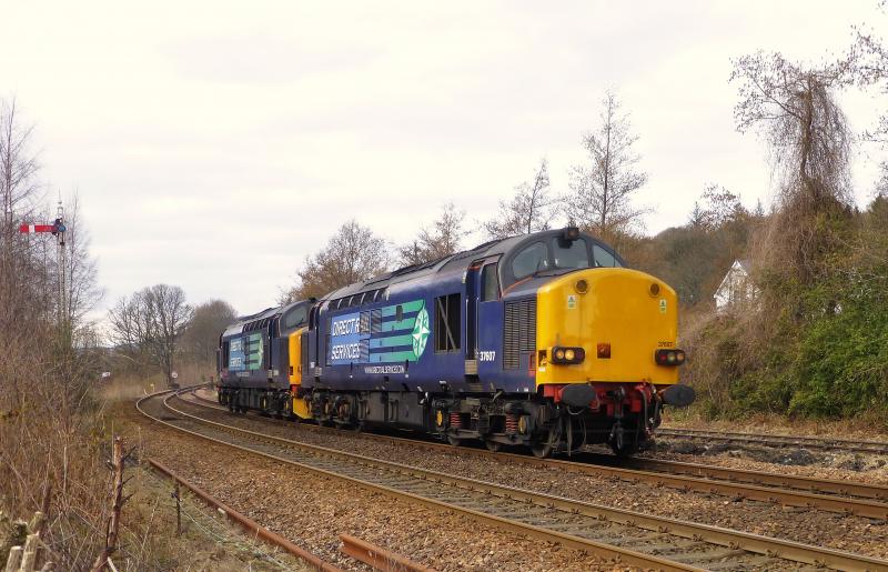 Photo of 37409 and 37607 running round the Eastern Highlander Railtour stock at Pitlochry on 31st March 2013