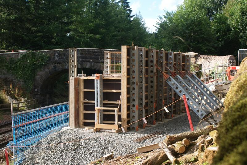 Photo of Formwork and reinforcing in place for the eastern abutment of the temporary bridge at Mill of Keir 04.08.13