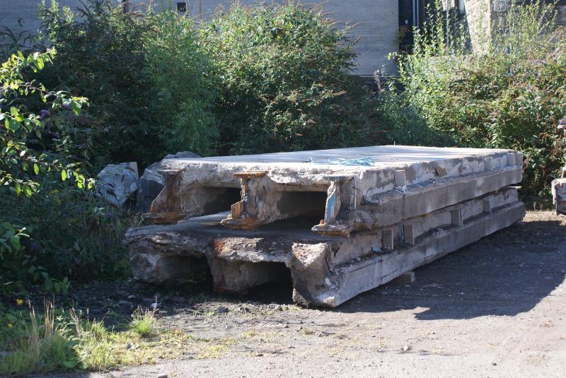 Photo of A couple of removed sections of Shore Road's bridge deck.