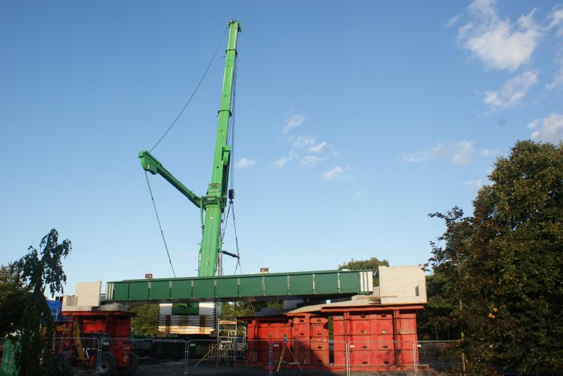 Photo of The new Causewayhead Road northbound bridge deck in place and the south about to join it.