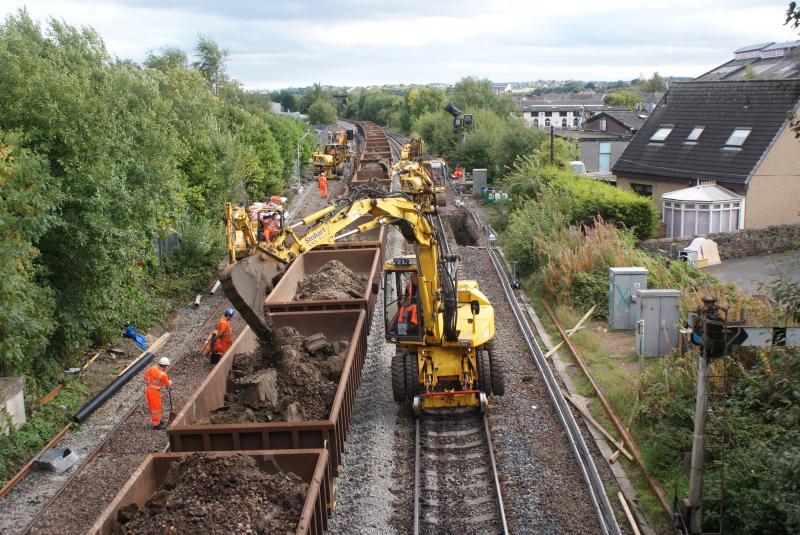 Photo of A hive of activity south of Kerse Road as new drainage gets installed on either side and length of the train.