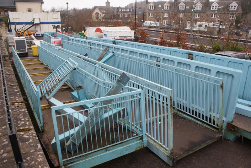 Photo of Dunblane's Blue Bridge cut up in sections awaiting removal from the car park 09.03.14