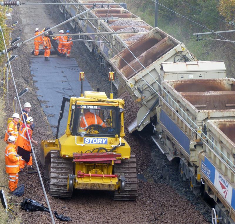 Photo of Side-tipping ballast wagon at Prestonpans 19 October 2014