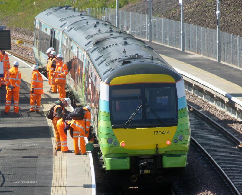 Photo of 170414 at Shawfair station for clearance checks 7 June 2015