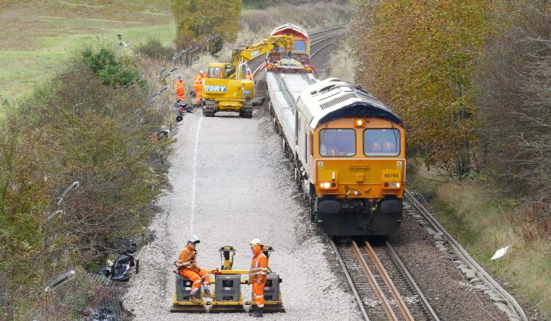 Photo of 66784 with a train of new sleepers and 66783 on rear at Luncarty...20-10-19.