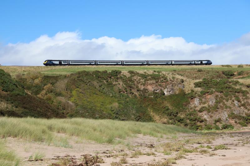 Photo of 43 012 and 43 147 pass Lunan Bay.