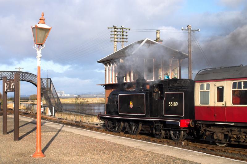 Photo of 55189 posing by Bo'ness signal box. B&KR 25 Feb 2009