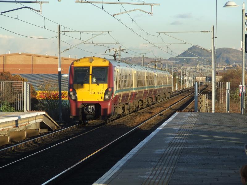 Photo of Class 334s leaving Edinburgh Park 10 November 2010