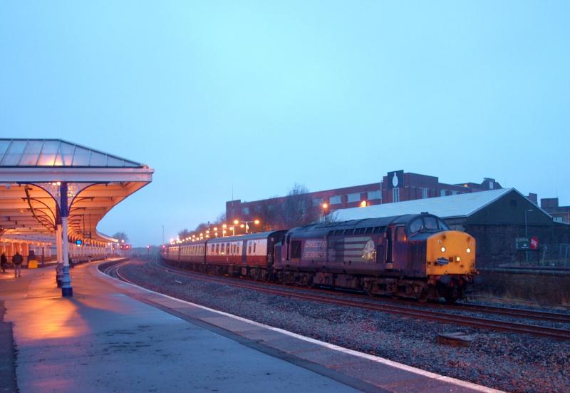 Galloway Galloper at Kilmarnock - 12-02-2011.: 37601 (37607 at the rear) about to depart with Pathfinder's Glasgow Central to Stranraer special for Riccarton. Photo of Galloway Galloper at Kilmarnock - 12-02-2011.